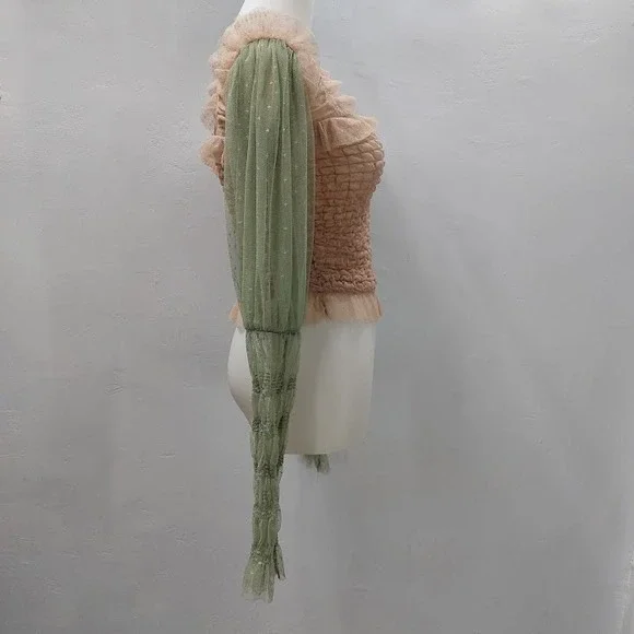 Free People Nothing Sweeter Top Fairycore Whimsical Women's XS Pink Mesh Ruffle - Picture 2 of 10